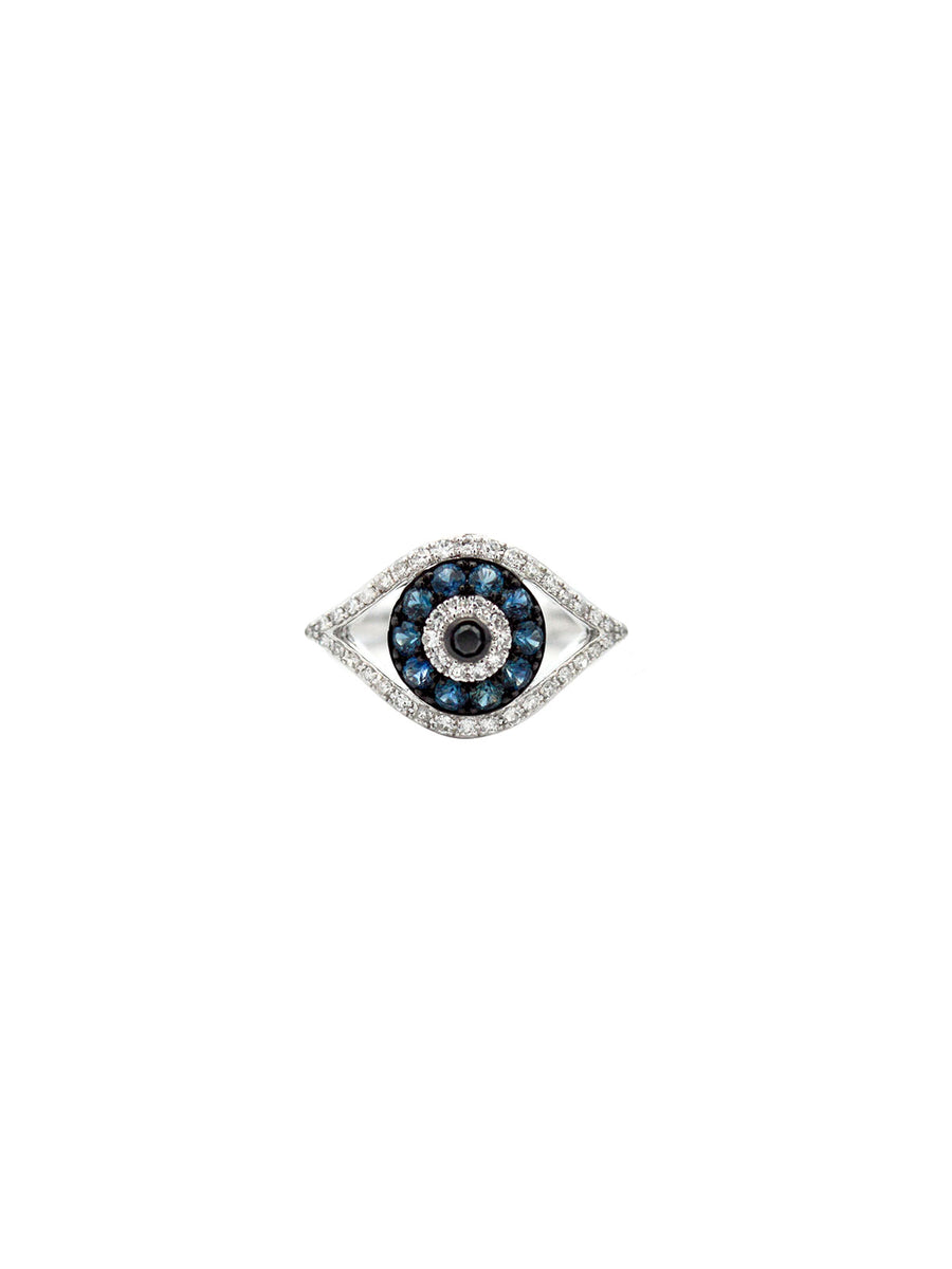 0.45ct Diamond Blue Sapphire 14K Gold Evil Eye Ring