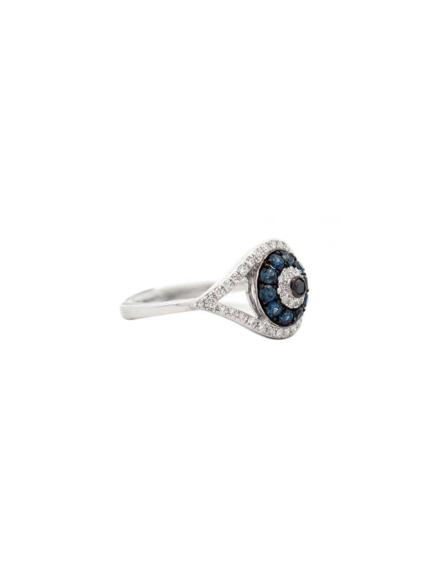 0.45ct Diamond Blue Sapphire 14K Gold Evil Eye Ring