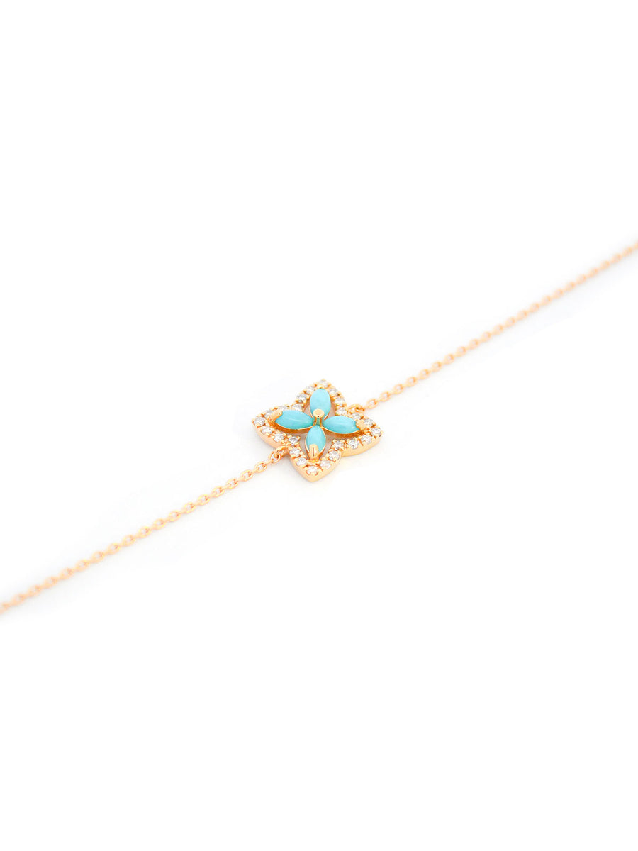 0.29ct Diamond Turquoise 18K Gold Flower Chain Bracelet