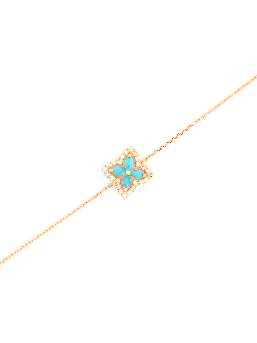 0.29ct Diamond Turquoise 18K Gold Flower Chain Bracelet