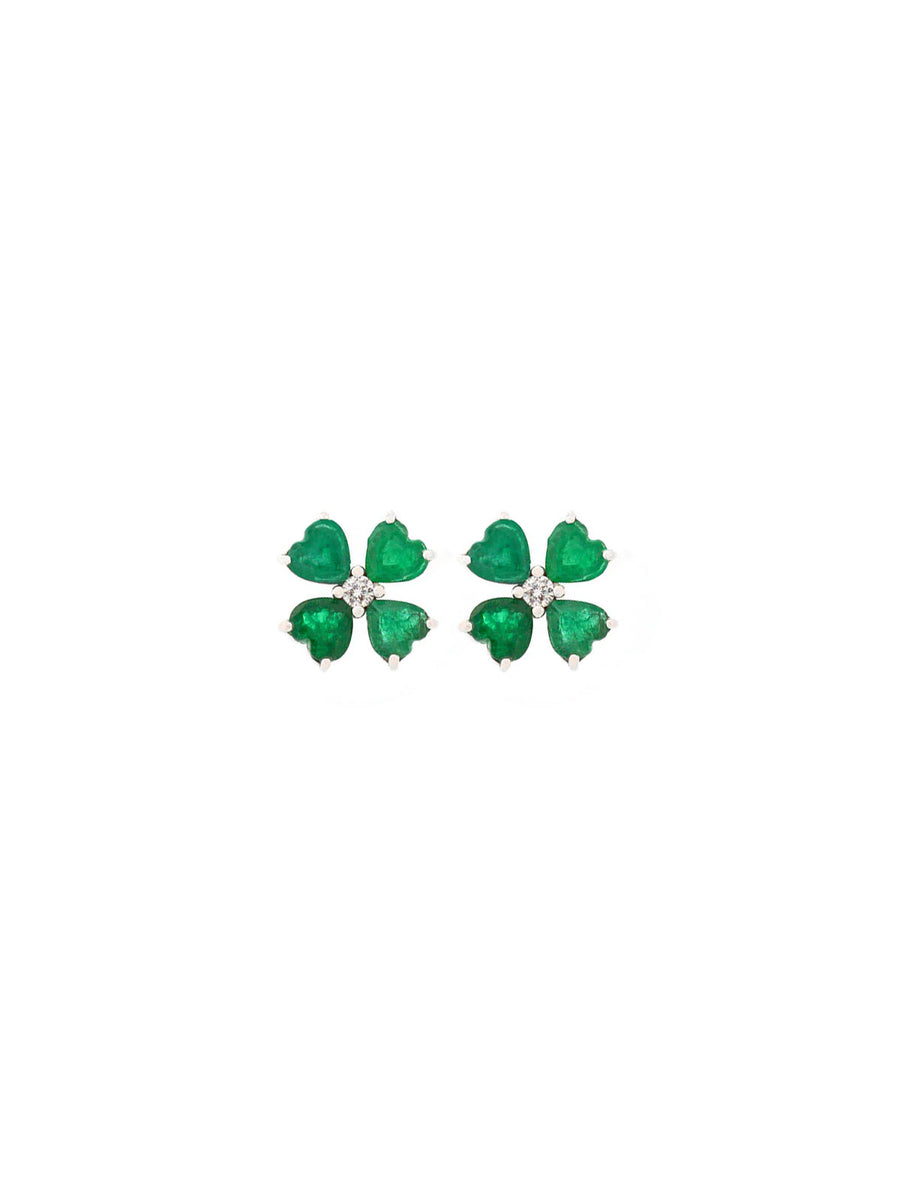 3.25ct Emerald 18K Gold Heart Cut Clover Stud Earrings