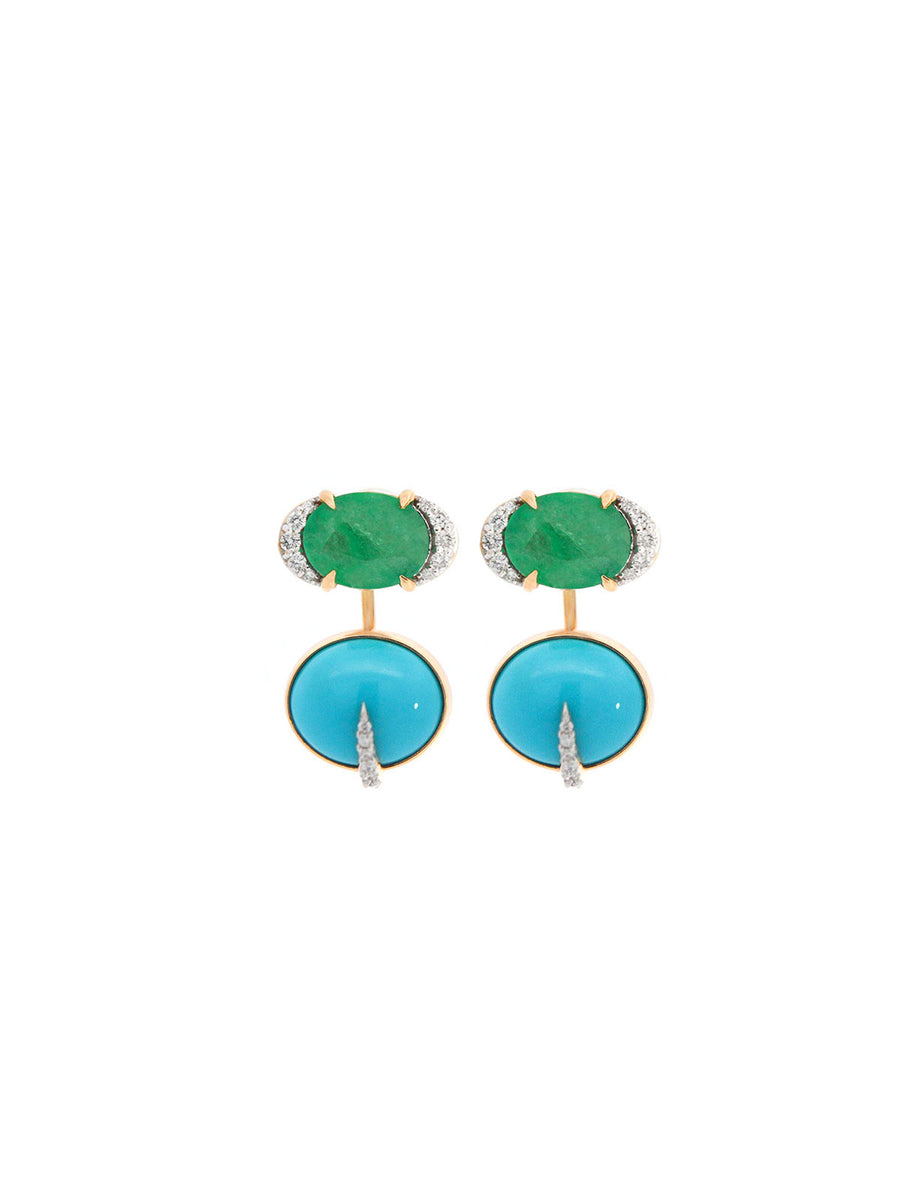 11.98ct Diamond Emerald Turquoise 18K Gold Day & Night Earrings