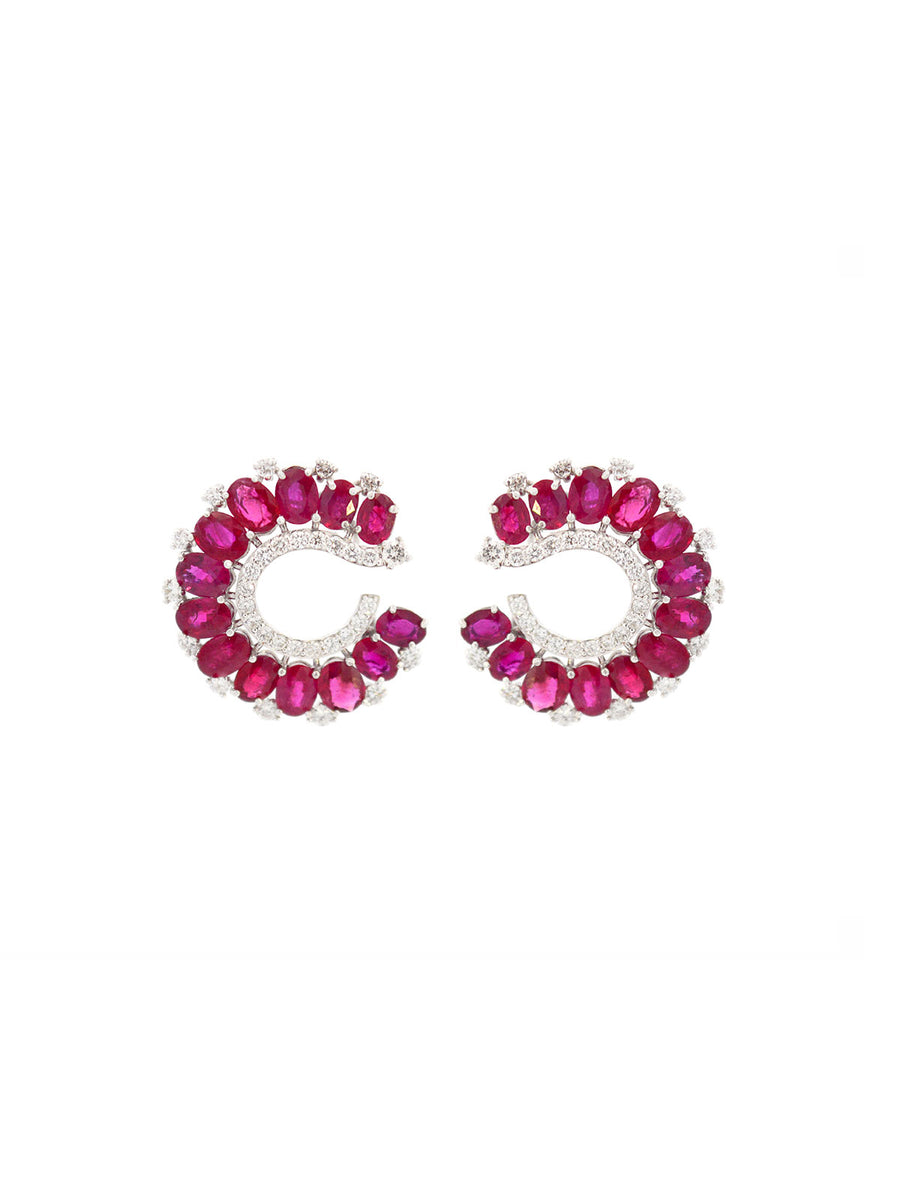 7.11ct Diamond Ruby 18K Gold Cluster Earrings