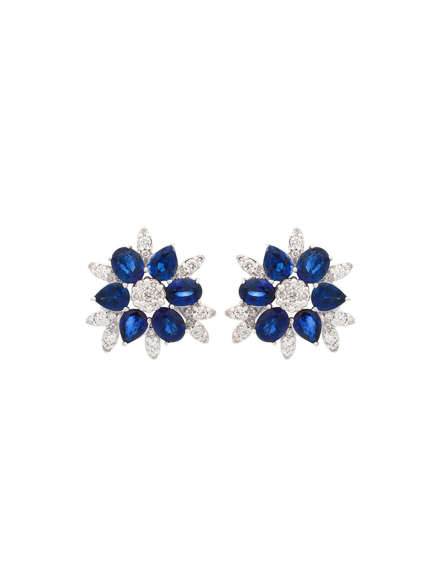 3.89ct Diamond Blue Sapphire 18K Gold Flower Stud Earrings