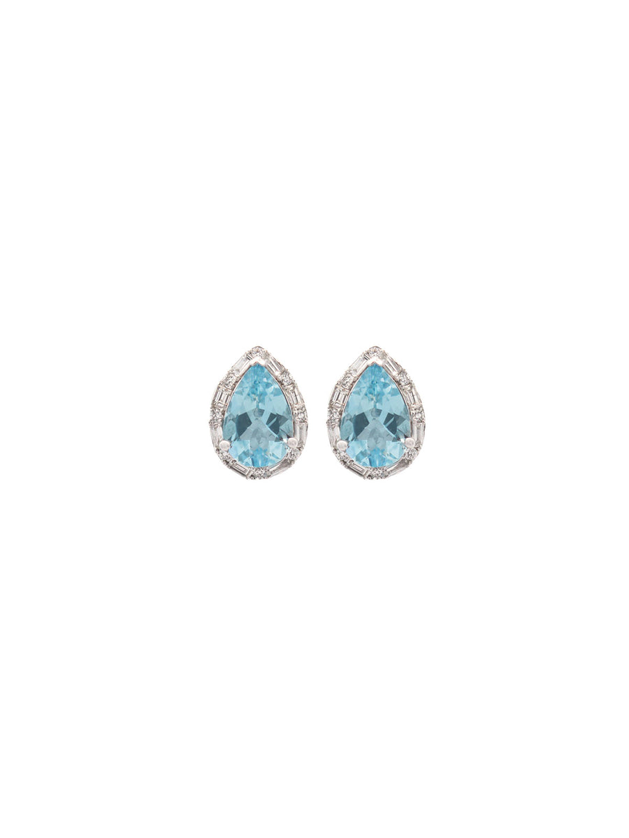 2.64ct Diamond Aquamarine 14K Gold Pear Halo Stud Earrings