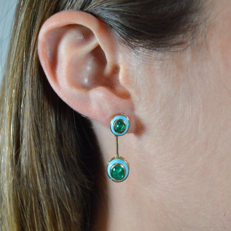 5.42ct  Emerald Turquoise 14K Gold Drop Earrings