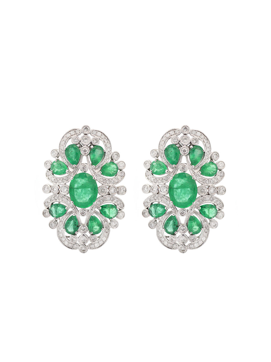 12.06ct Diamond Emerald 18K Gold Vintage Style Earrings