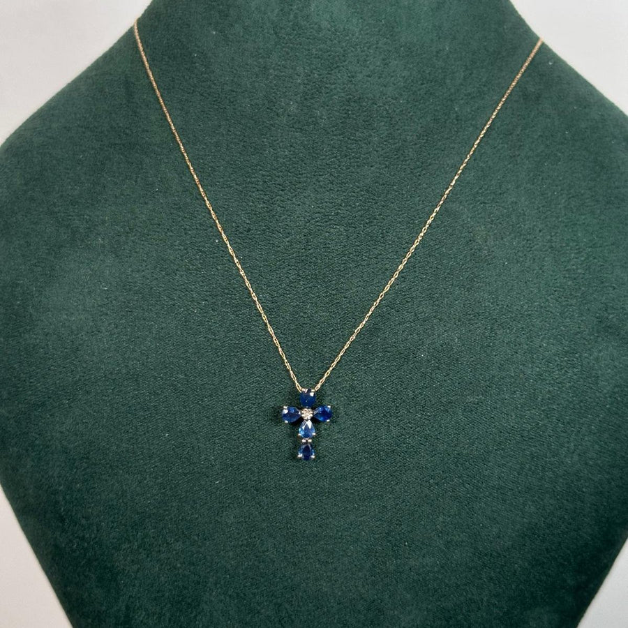 1.34ct Diamond Sapphire 14K Gold Cross Necklace