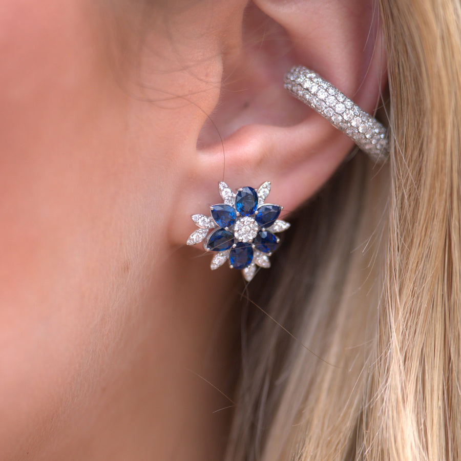 3.89ct Diamond Blue Sapphire 18K Gold Flower Stud Earrings