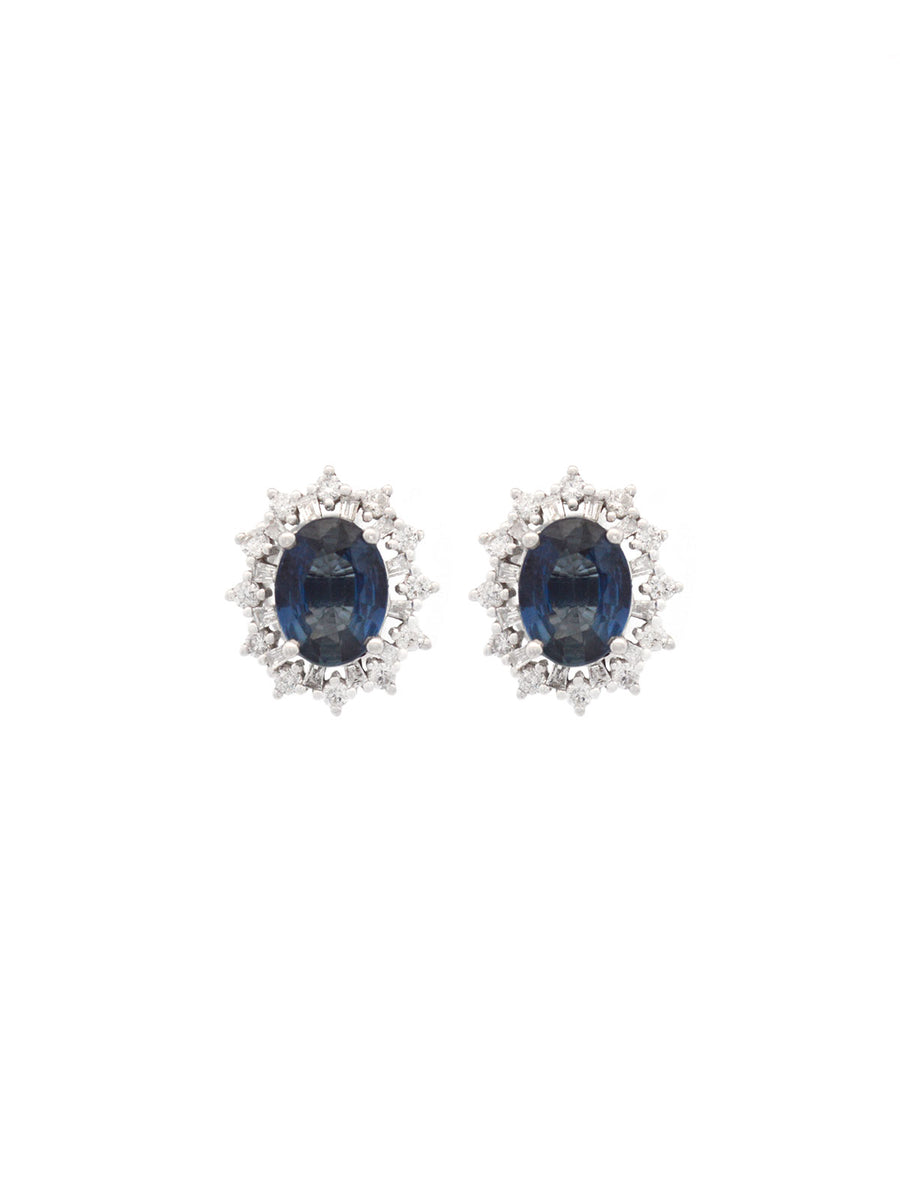 2.60ct Diamond Blue Sapphire 18K Gold Sunburst Halo Stud Earrings