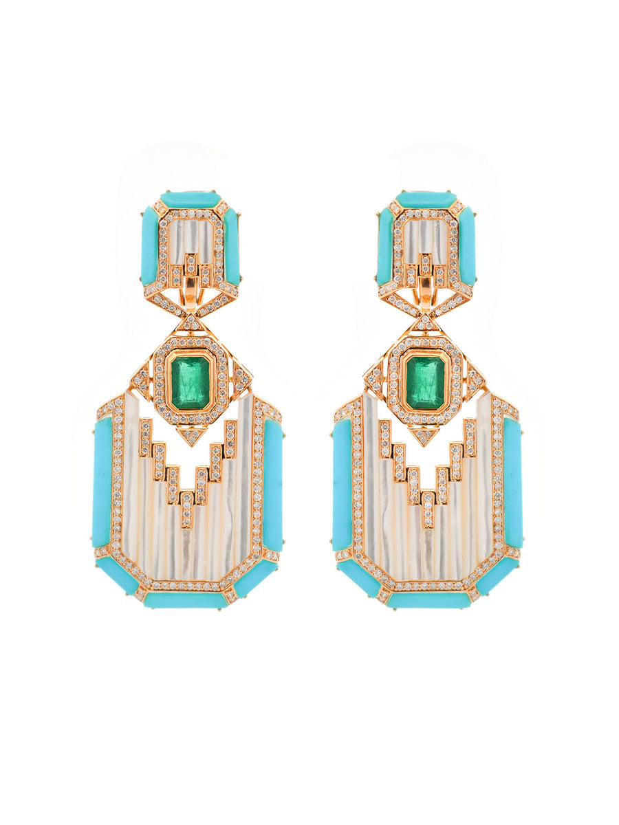 3.79ct Diamond & Emerald & Turquoise 18K Gold Statement Earrings