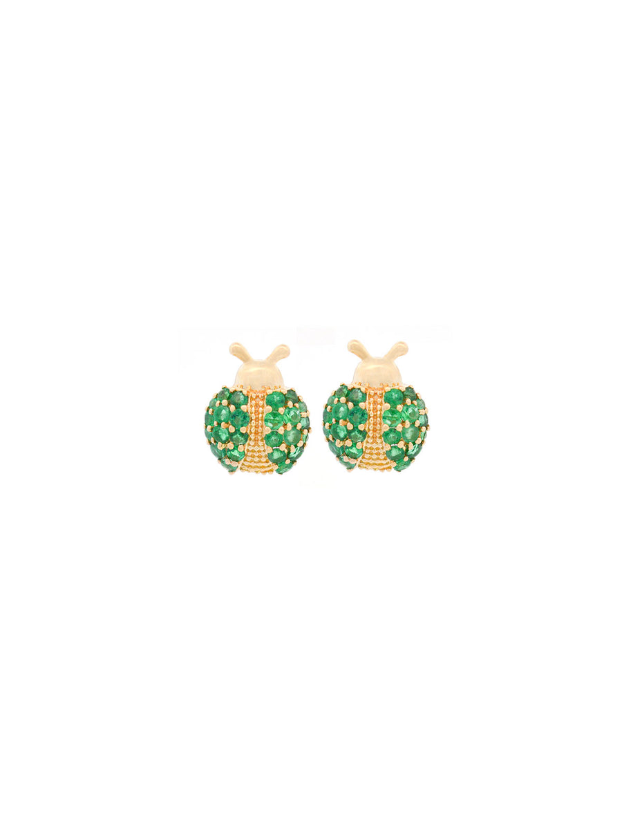 0.90ct Emerald 18K Gold Pave Ladybird Earrings