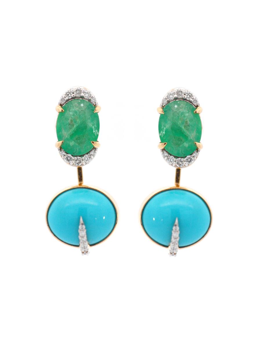 11.98ct Diamond Emerald Turquoise 18K Gold Day & Night Earrings