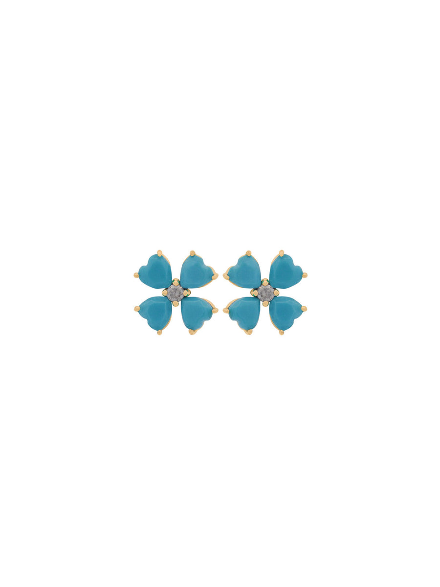 3.17ct Turquoise 18K Gold Heart Cut Clover Stud Earrings