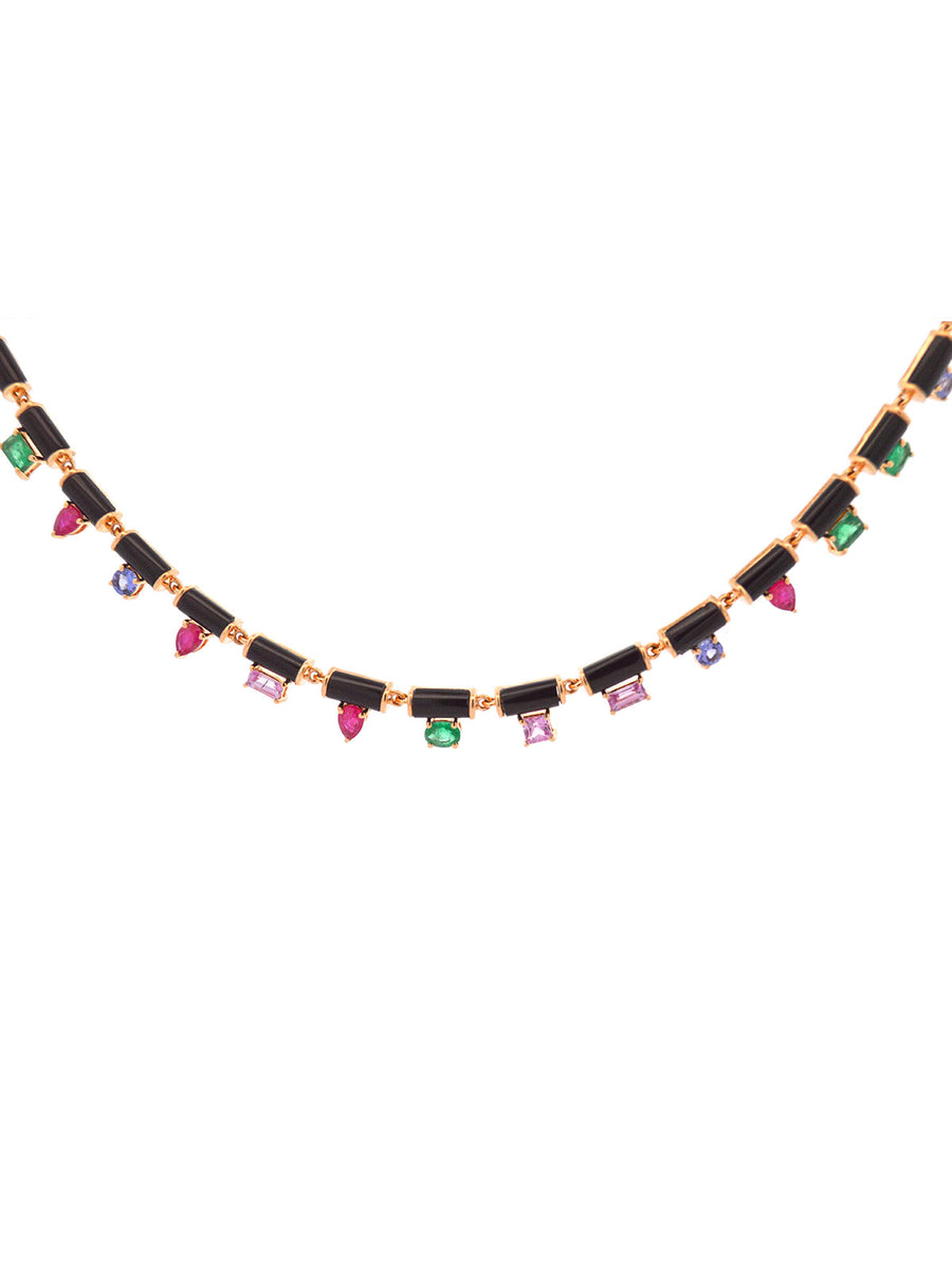 24.16ct Onyx Multi Gems 14K Gold Link Necklace