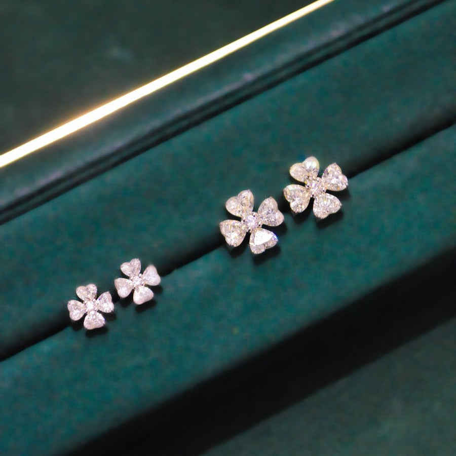 3.46ct Diamond 18K Gold Heart Cut Clover Stud Earrings